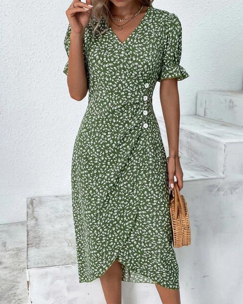 Louise™ | Håndlavet Bomuldskjole Med Blomsterprint, V-Hals Og Vintage Silhuet
