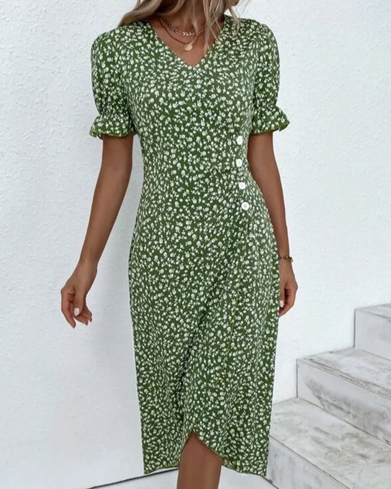 Louise™ | Håndlavet Bomuldskjole Med Blomsterprint, V-Hals Og Vintage Silhuet