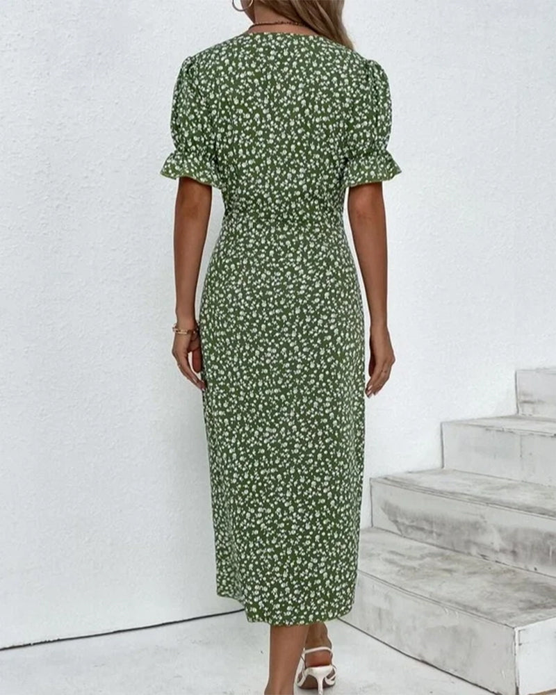 Louise™ | Håndlavet Bomuldskjole Med Blomsterprint, V-Hals Og Vintage Silhuet