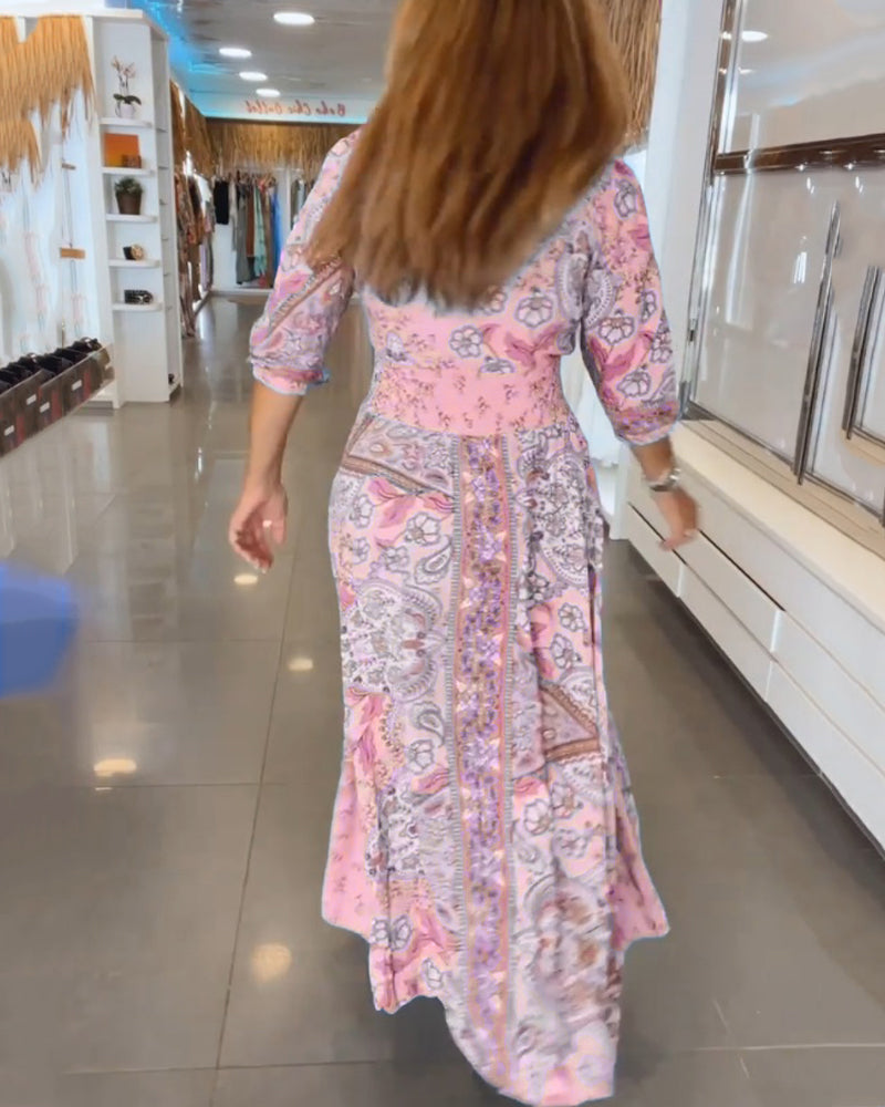 Isalina™ | Damer Boheme Maxikjole med Paisley Blomstermønster | Luftig Sommerkjole med V-Hals og Taljebånd