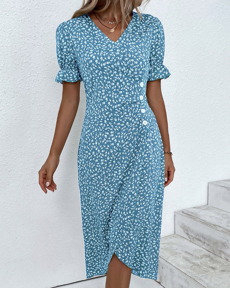 Louise™ | Håndlavet Bomuldskjole Med Blomsterprint, V-Hals Og Vintage Silhuet