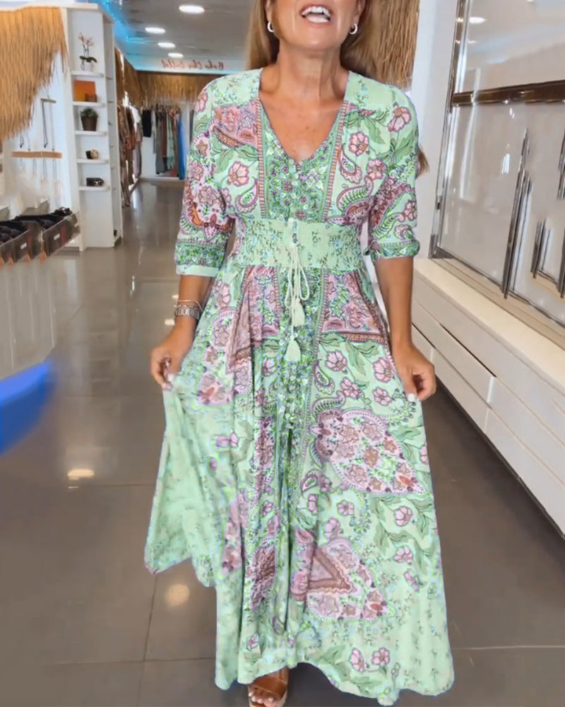 Isalina™ | Damer Boheme Maxikjole med Paisley Blomstermønster | Luftig Sommerkjole med V-Hals og Taljebånd