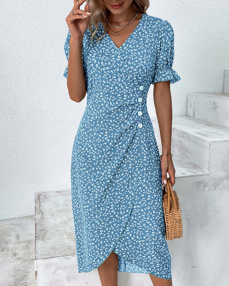 Louise™ | Håndlavet Bomuldskjole Med Blomsterprint, V-Hals Og Vintage Silhuet