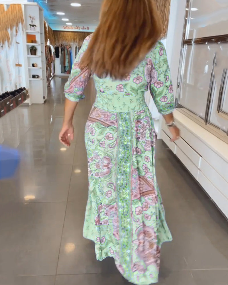 Isalina™ | Damer Boheme Maxikjole med Paisley Blomstermønster | Luftig Sommerkjole med V-Hals og Taljebånd