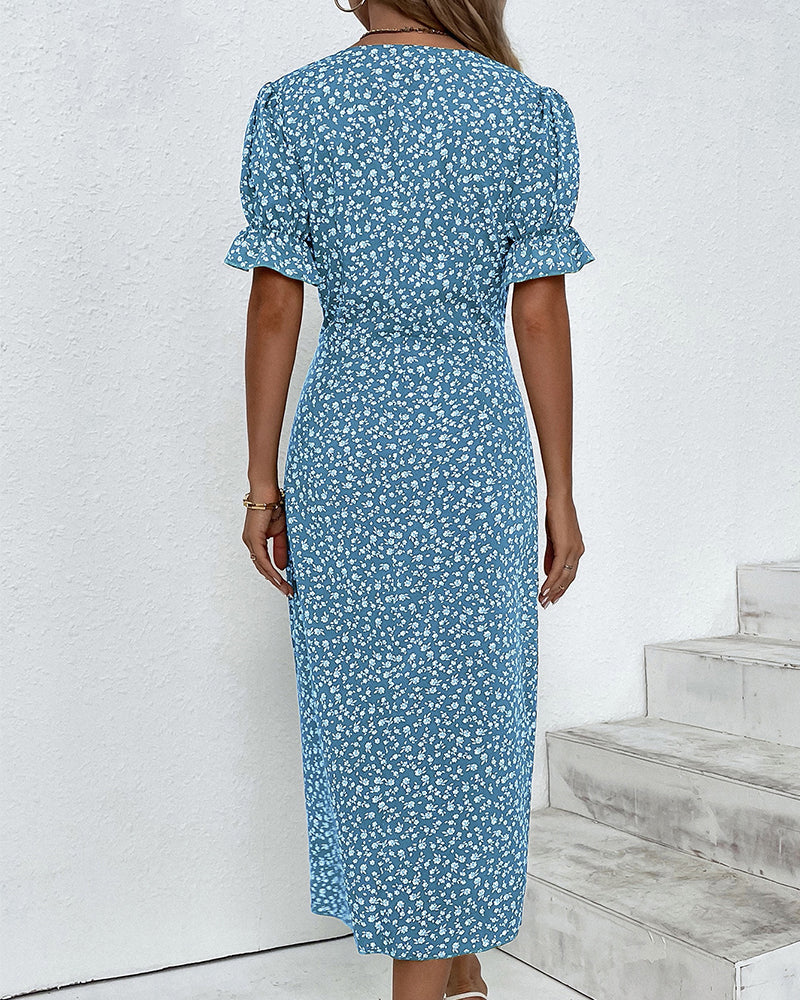 Louise™ | Håndlavet Bomuldskjole Med Blomsterprint, V-Hals Og Vintage Silhuet