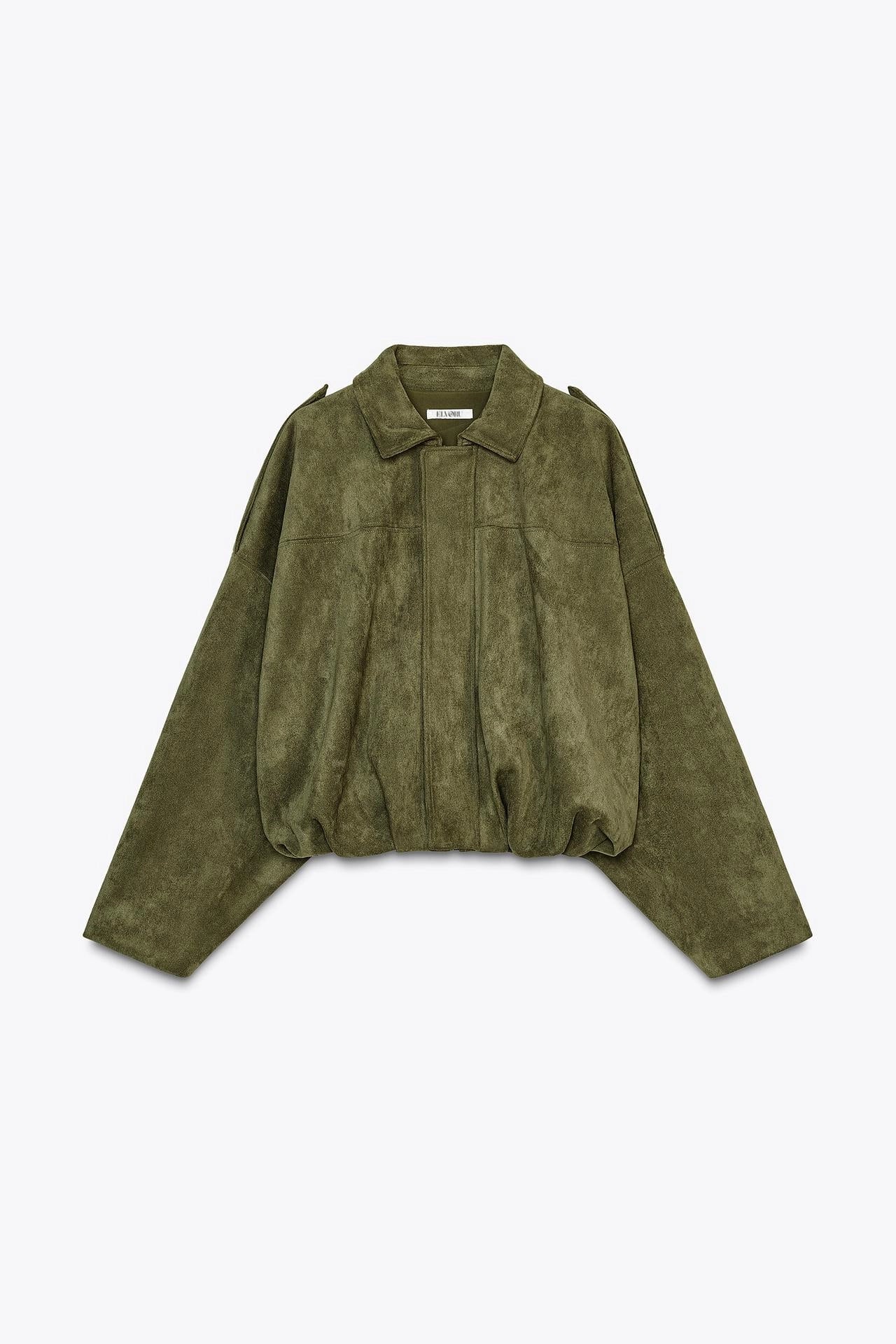 Rey | Damer Oversized Cropped Jakke | Olivengrøn | Ruskindslook | Streetwear & Casual | Forårs- & Efterårsjakke