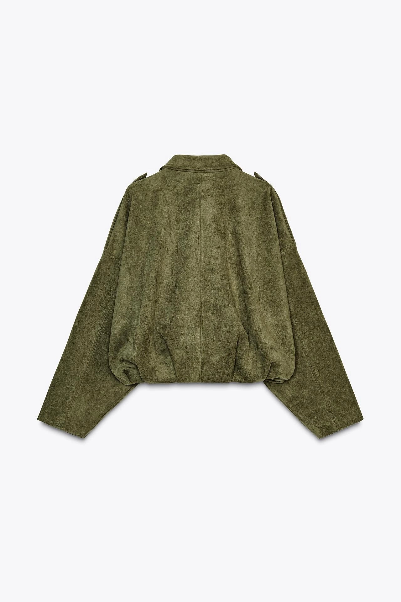 Rey | Damer Oversized Cropped Jakke | Olivengrøn | Ruskindslook | Streetwear & Casual | Forårs- & Efterårsjakke