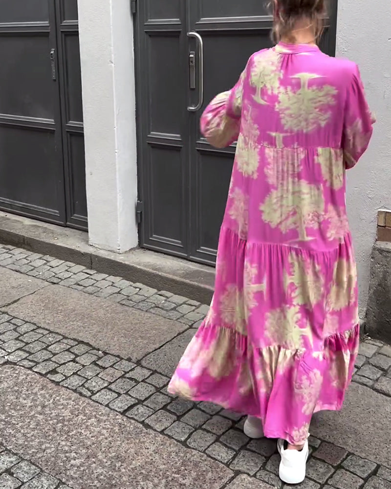Eliana™ | Lang Kjole med V-hals, Klokkeærmer og Blomsterprint