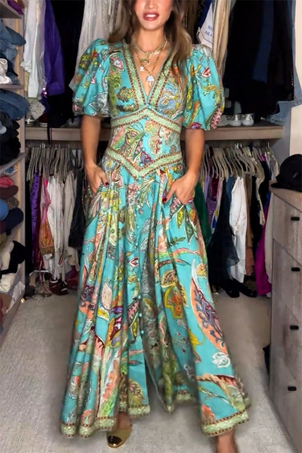 Soleia | Bohemian Maxi Kjole Damer | Let Sommerkjole | V-Hals | Svingende Paisley Print | Festival Strandkjole