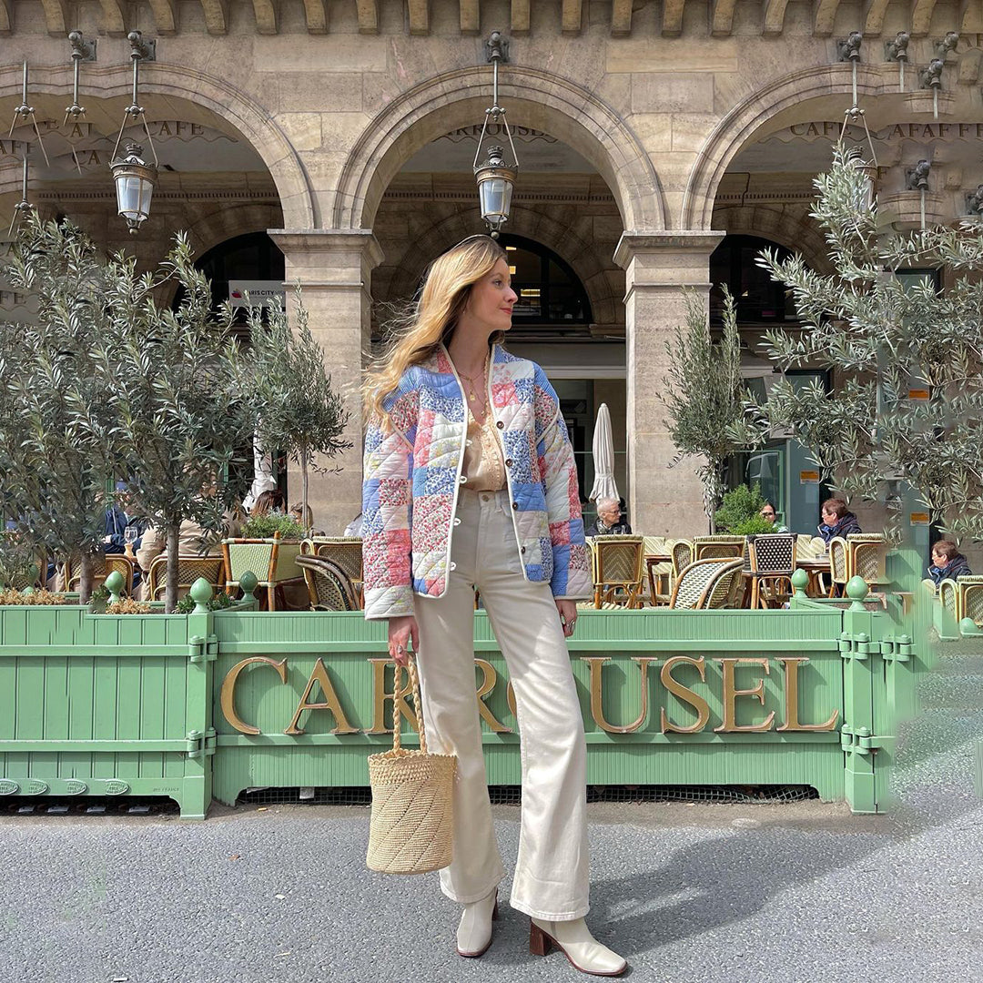 Allegra™ | Oversized Blomsterjakke Damer | Farverig Patchwork Sommerjakke med Boho-Print og Løs Pasform