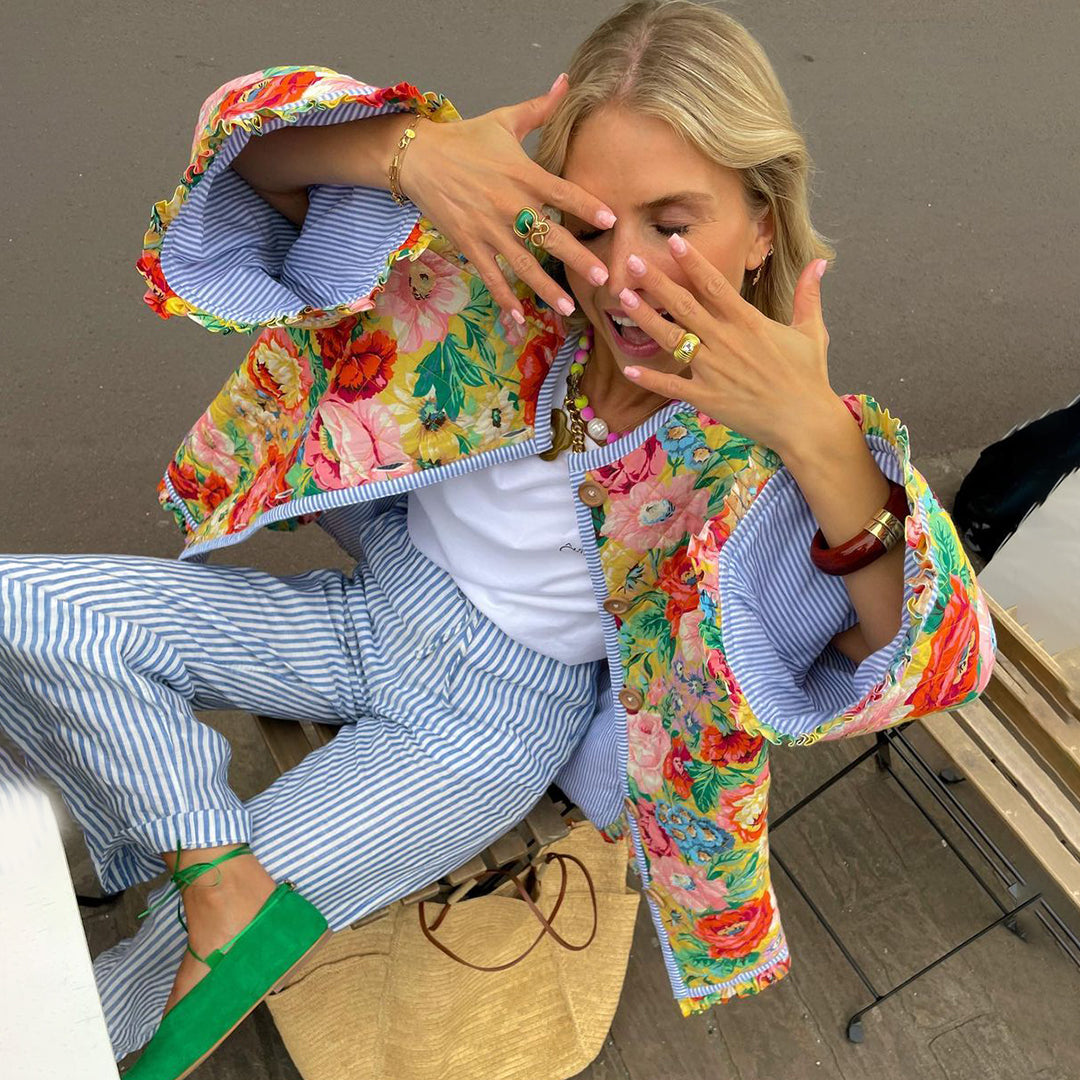 Allegra™ | Oversized Blomsterjakke Damer | Farverig Patchwork Sommerjakke med Boho-Print og Løs Pasform