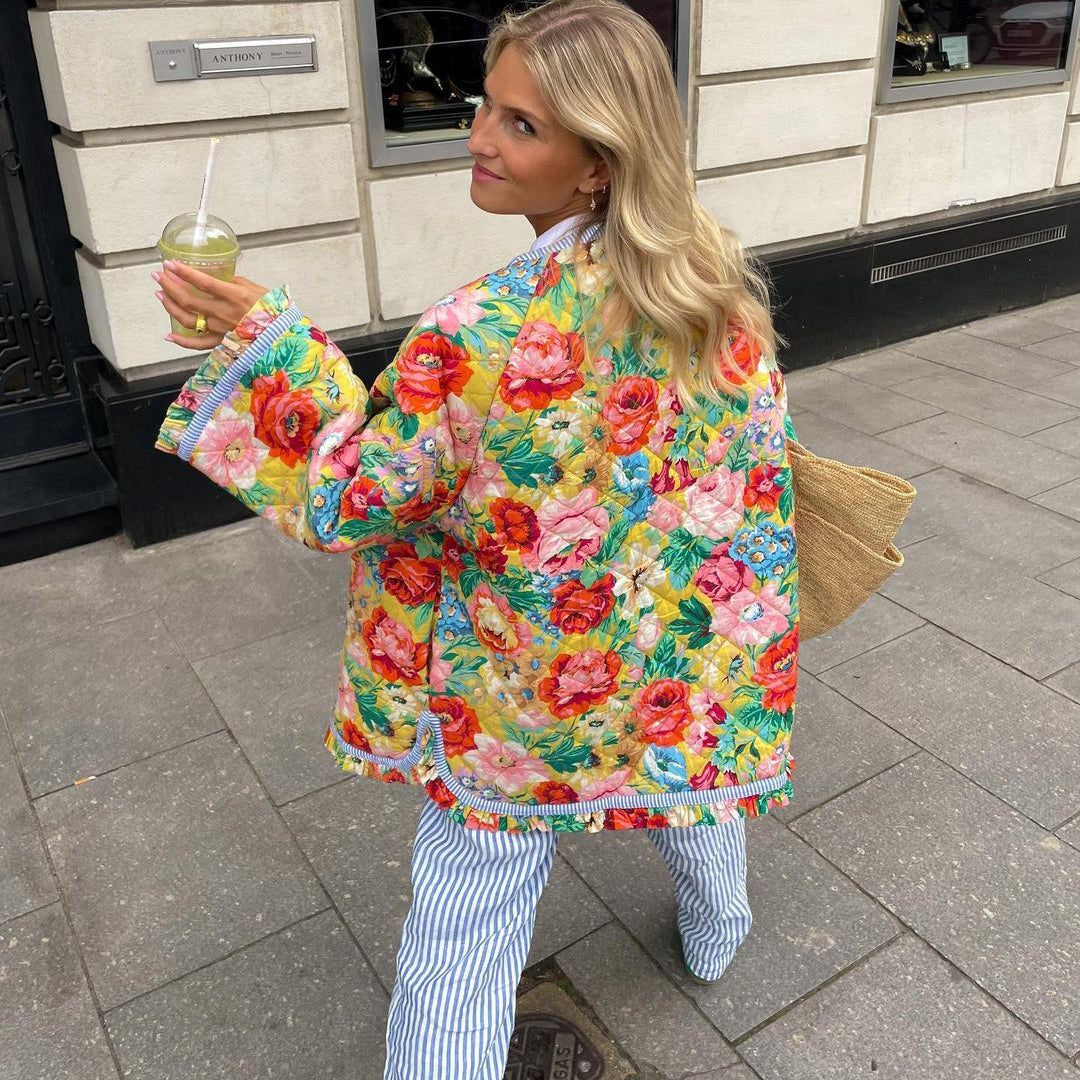 Allegra™ | Oversized Blomsterjakke Damer | Farverig Patchwork Sommerjakke med Boho-Print og Løs Pasform
