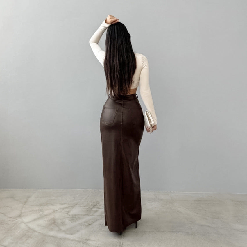 Soraya™ | Damer High-Waist Læder Maxi Nederdel med Slids | Lædernederdel med Tætsiddende Pasform