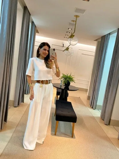 Selvianne™ | Damer To-Delte Palazzo Sæt | Cropped Top og Brede High-Waist Bukser i Ensfarvede Nuancer