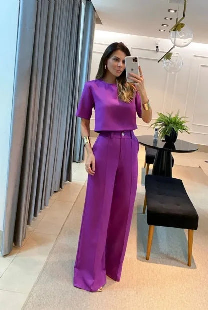 Selvianne™ | Damer To-Delte Palazzo Sæt | Cropped Top og Brede High-Waist Bukser i Ensfarvede Nuancer