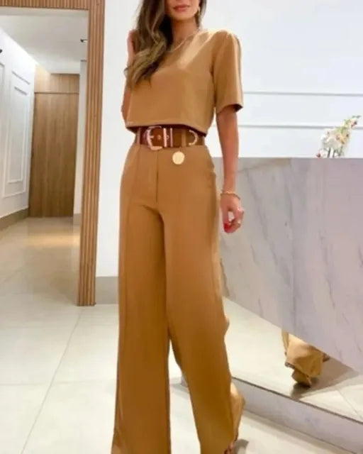 Selvianne™ | Damer To-Delte Palazzo Sæt | Cropped Top og Brede High-Waist Bukser i Ensfarvede Nuancer