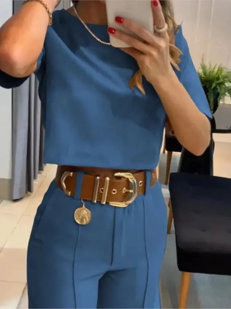 Selvianne™ | Damer To-Delte Palazzo Sæt | Cropped Top og Brede High-Waist Bukser i Ensfarvede Nuancer