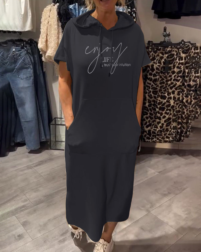 Novaera™ | Damer Hoodie Kjole Midi | Sporty Loungekjole med Hætte og Korte Ærmer