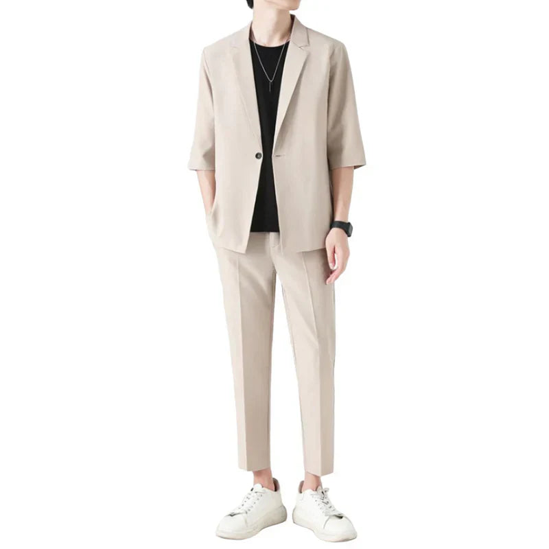 Fiorenza™ | Herre To-Delte Sommer Sæt med Blazer og Bukser | Let Smart Casual Sæt med Trekvartærmer og Elastisk Talje