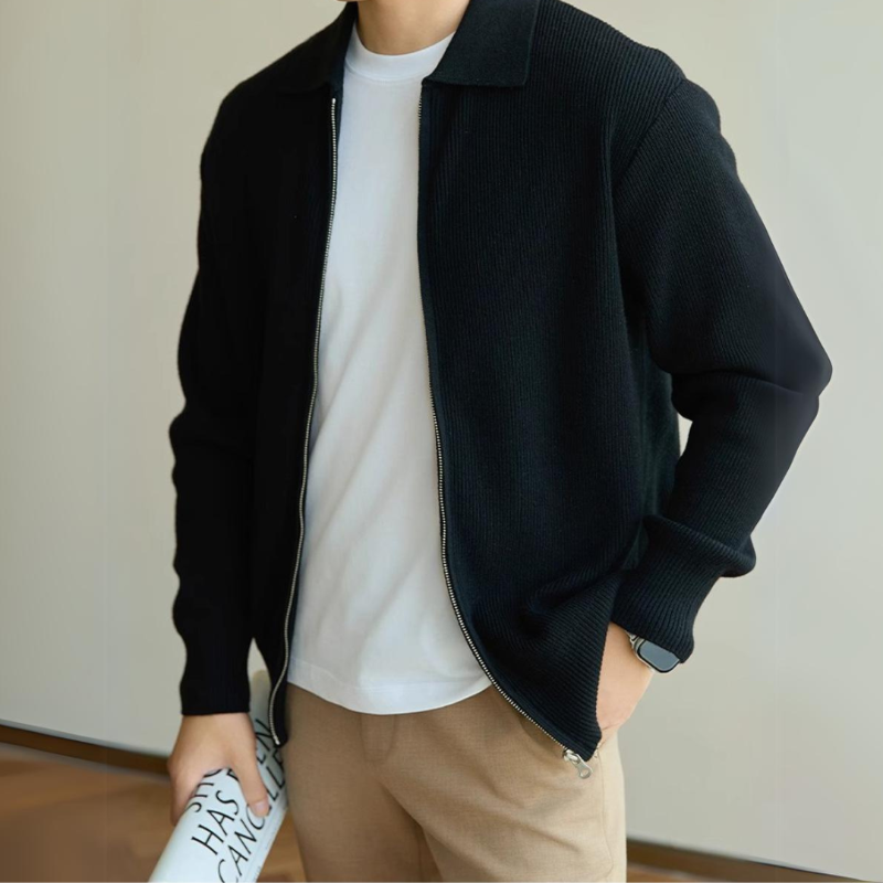 Odin™ | Herre Finstrikket Zip Cardigan med Polokrave og Ribstruktur | Letvægts Striktrøje med Lynlås til Smart Casual Outfits