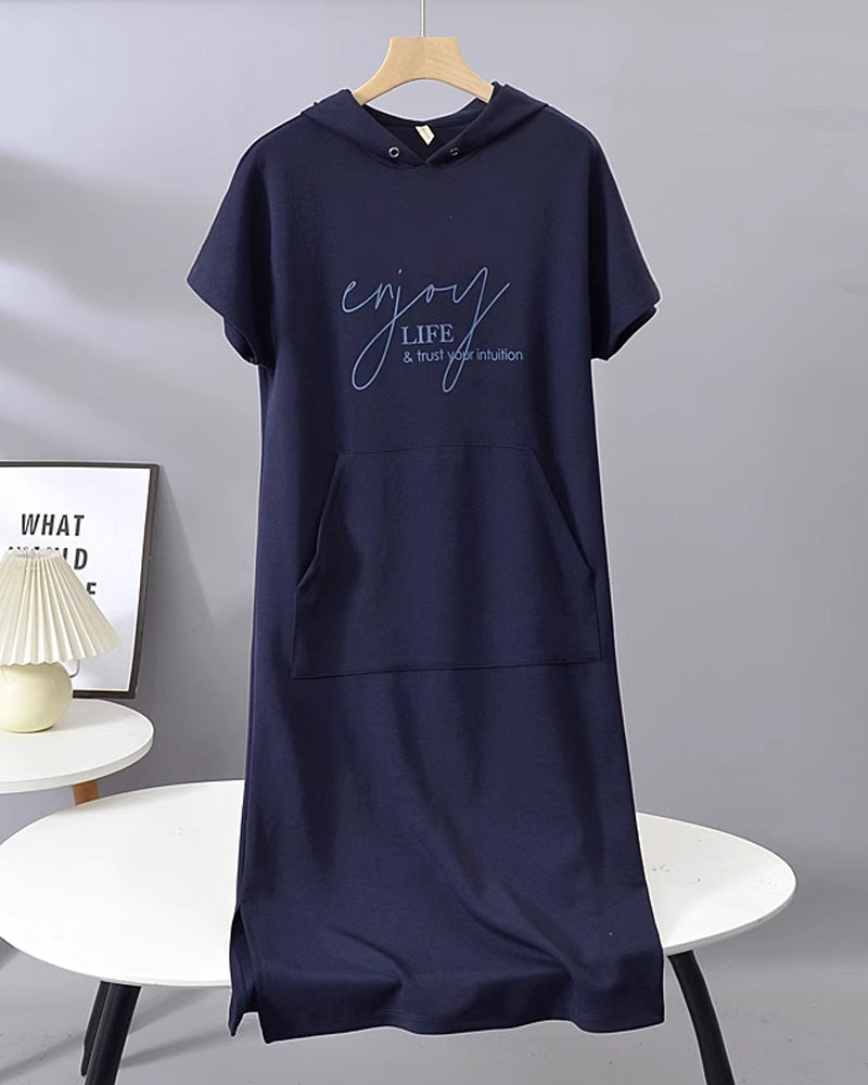 Novaera™ | Damer Hoodie Kjole Midi | Sporty Loungekjole med Hætte og Korte Ærmer