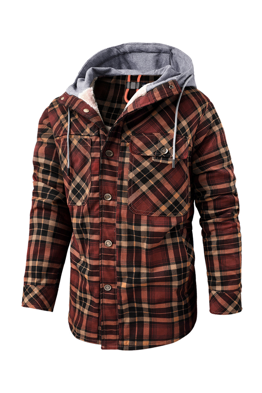 Damiaro™ | Herre Foret Flanneljakke med Hætte | Varm Teddyjakke med Rudemønster og Trykknaplukning