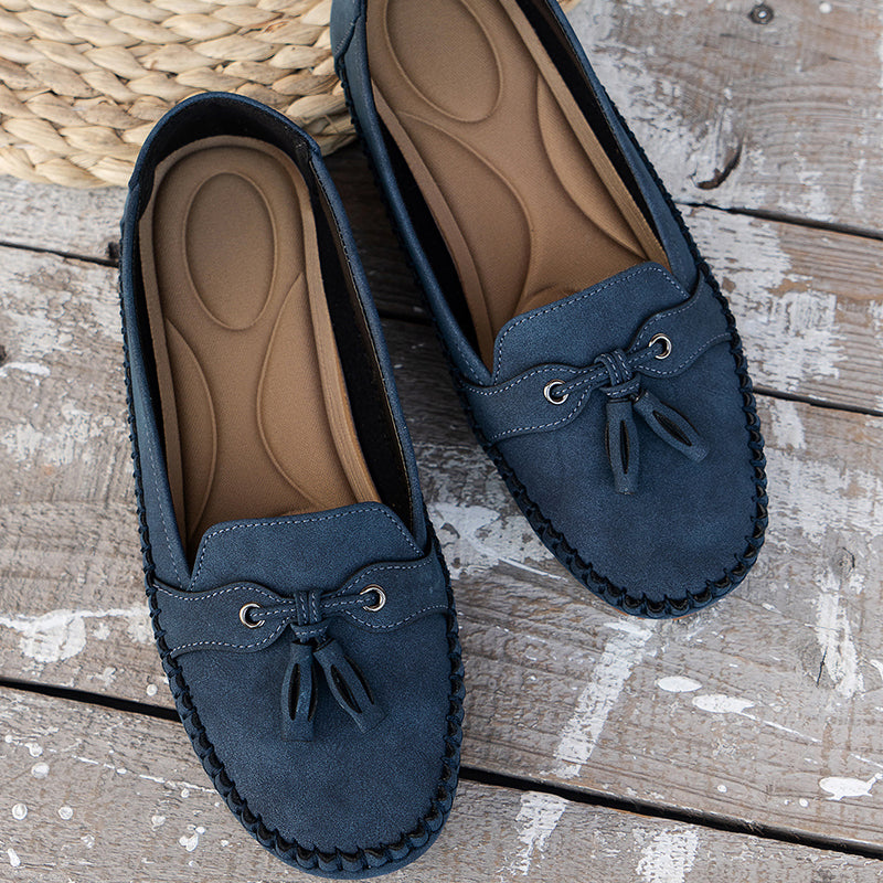 Calvina™ | Damer Mokkasiner i Ruskind | Komfortable Slip-Ons med Sløjfe og Fleksibel Skridsikker Sål