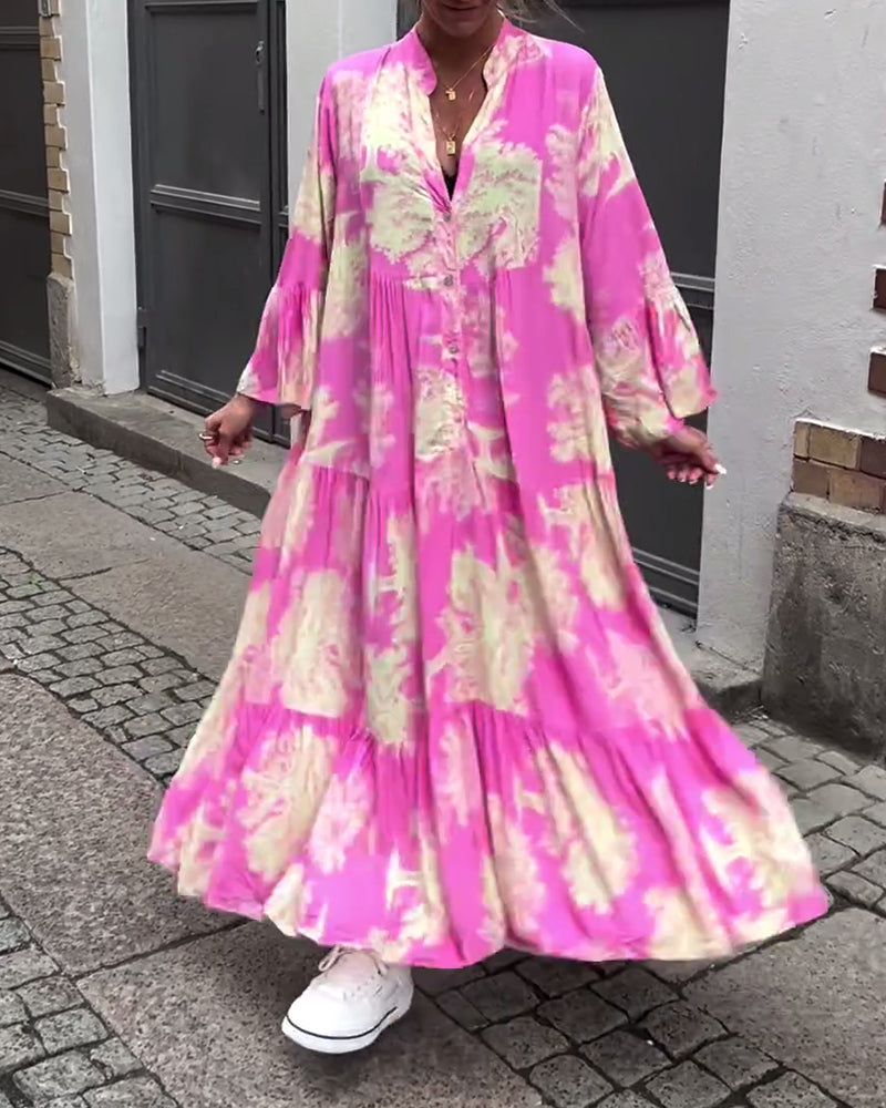 Eliana™ | Lang Kjole med V-hals, Klokkeærmer og Blomsterprint