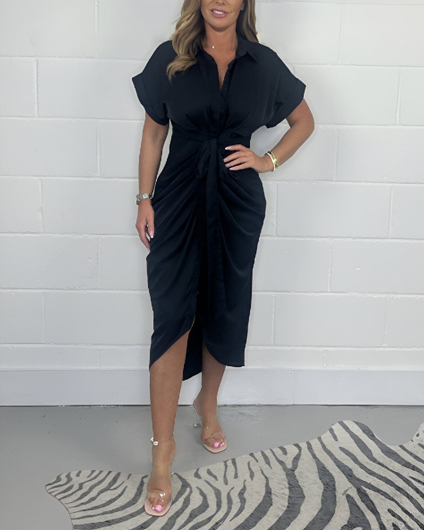 Serena | Skjortekjole Dame | Midi Sommerkjole | Korte Ærmer | Knaplukning & Taljebånd | Elegant & Business