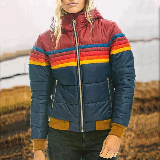 Liora™ | Retro Dunjakke Til Damer Med Fleecefor Og Regnbuestriber | Varm Vatteret Jakke Med Sporty 70’er Look