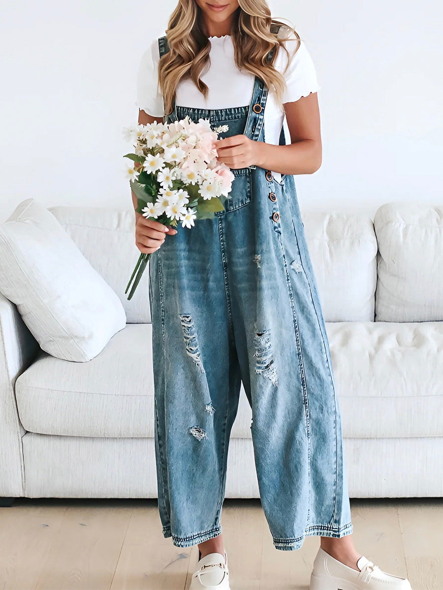 Sandra™ | Damer Denim Overalls i Trendy Vask Med Justerbare Seler | Denim Selebukser Med Brede Ben