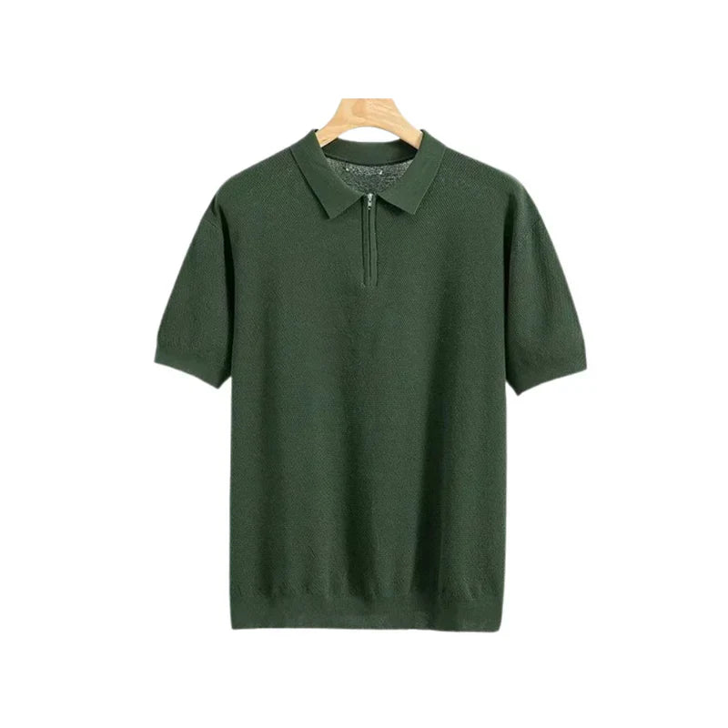 Santino™ | Finstrikket Herre Poloshirt med Halv Lynlås | Smart Casual Polo med Korte Ærmer og Moderne Polokrave