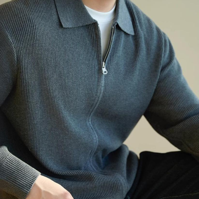 Odin™ | Herre Finstrikket Zip Cardigan med Polokrave og Ribstruktur | Letvægts Striktrøje med Lynlås til Smart Casual Outfits