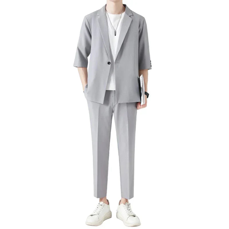 Fiorenza™ | Herre To-Delte Sommer Sæt med Blazer og Bukser | Let Smart Casual Sæt med Trekvartærmer og Elastisk Talje