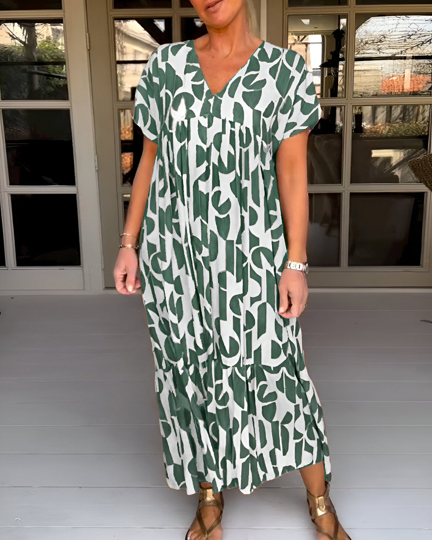Isalina™ | Damer Maxi-Kjole med Print | Løstsiddende Sommerkjole i Let Materiale med V-Hals og Plisseret Talje