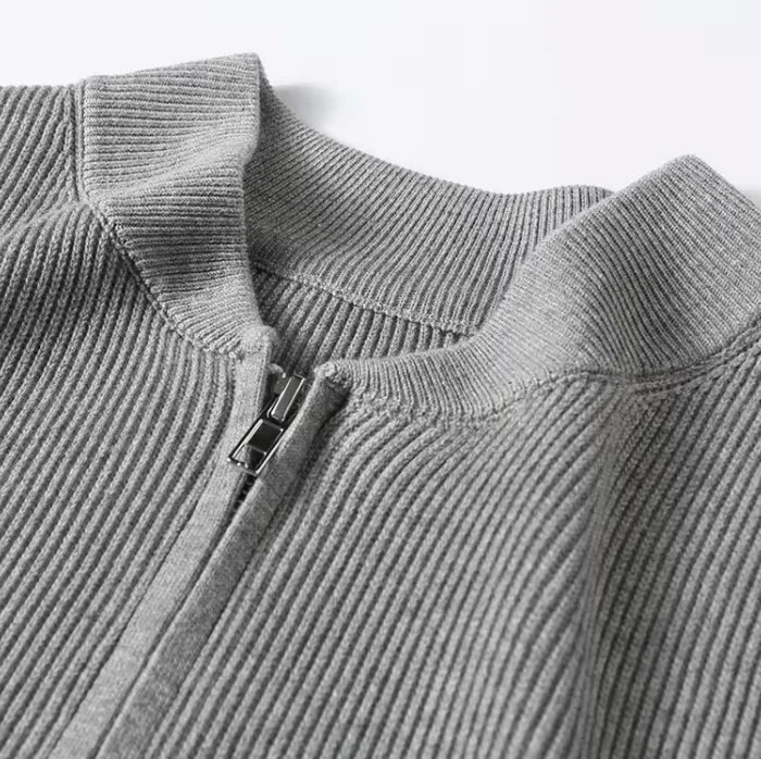 Milo™ | Finstrikket Luksus Herre Cardigan med Two-Way Lynlås og Opstående Krave | Ribstruktur