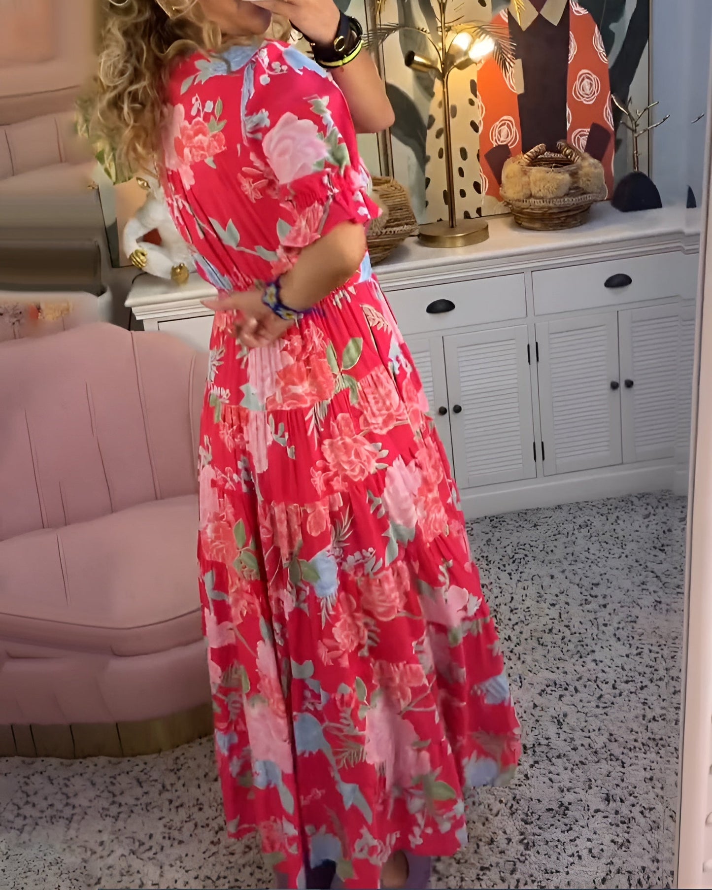 Fiorenza™ | Damer Svingende Maxi Kjole med Blomstermønster og V-Hals | Let Bohemian Sommerkjole med Sommerfugleærmer til Strand og Ferie