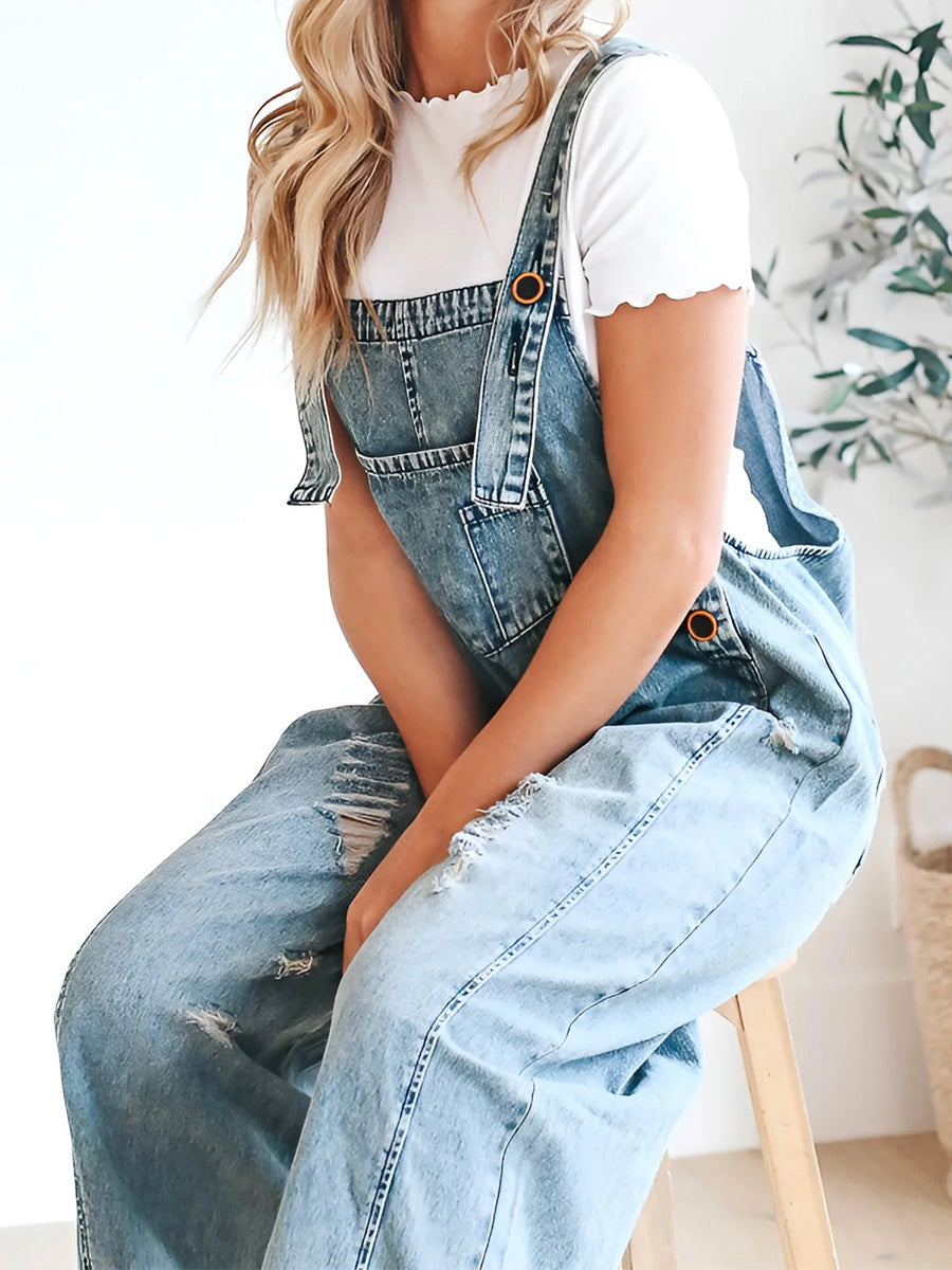 Sandra™ | Damer Denim Overalls i Trendy Vask Med Justerbare Seler | Denim Selebukser Med Brede Ben