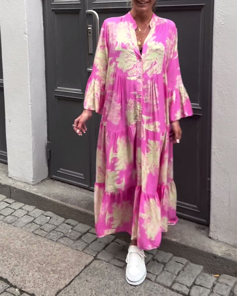Eliana™ | Lang Kjole med V-hals, Klokkeærmer og Blomsterprint