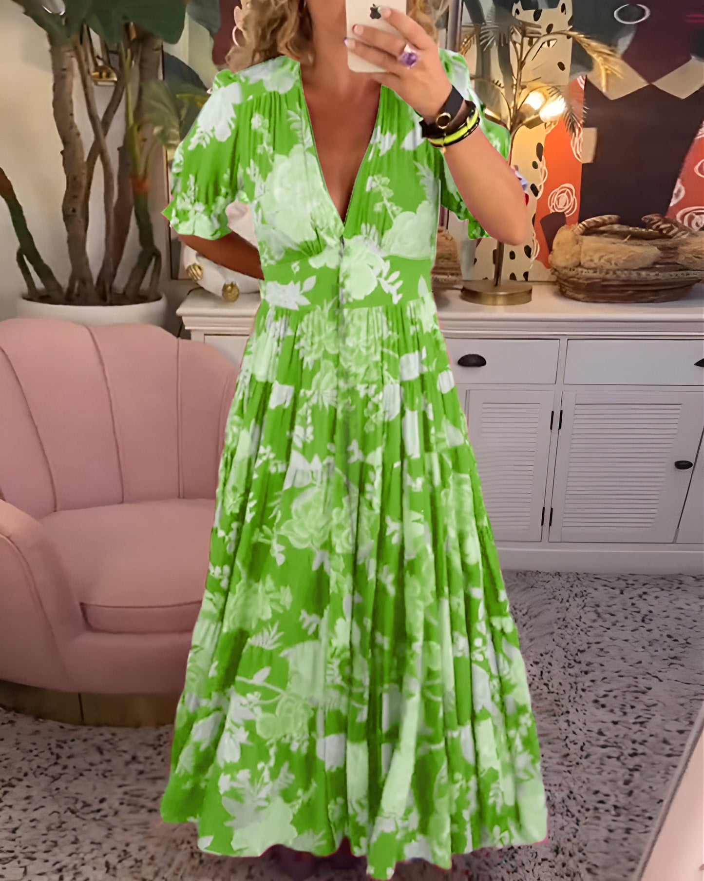 Fiorenza™ | Damer Svingende Maxi Kjole med Blomstermønster og V-Hals | Let Bohemian Sommerkjole med Sommerfugleærmer til Strand og Ferie