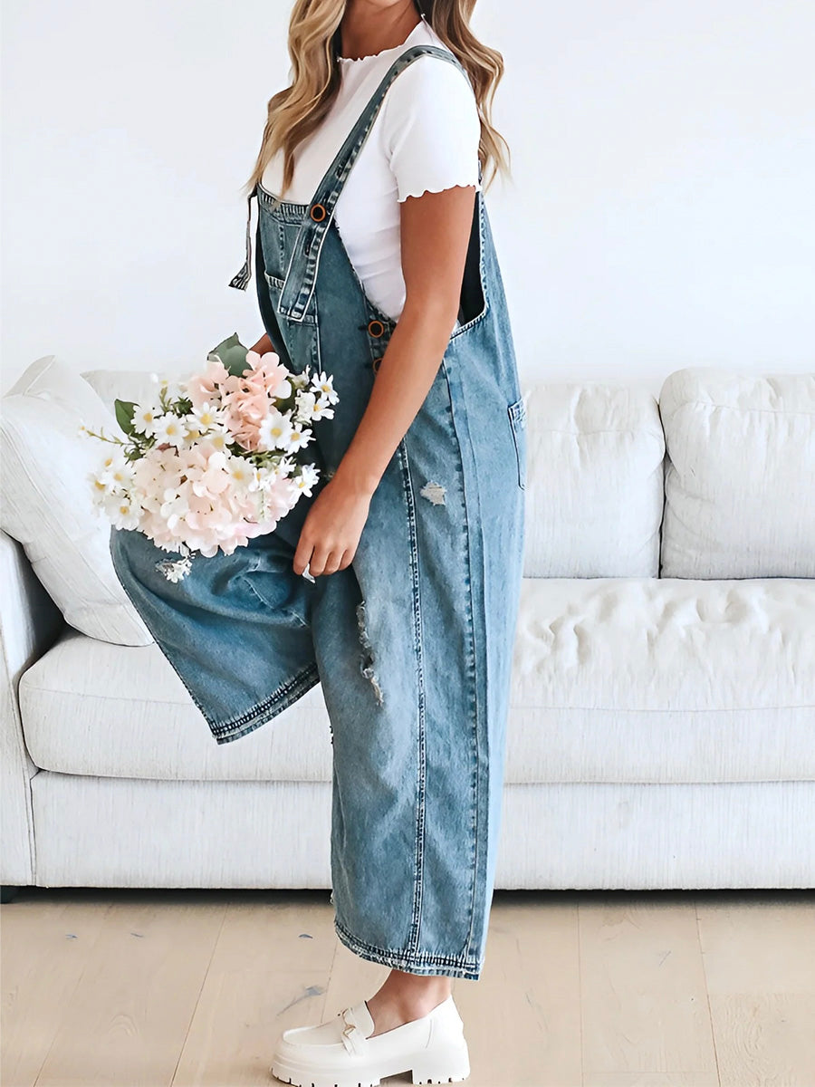 Sandra™ | Damer Denim Overalls i Trendy Vask Med Justerbare Seler | Denim Selebukser Med Brede Ben
