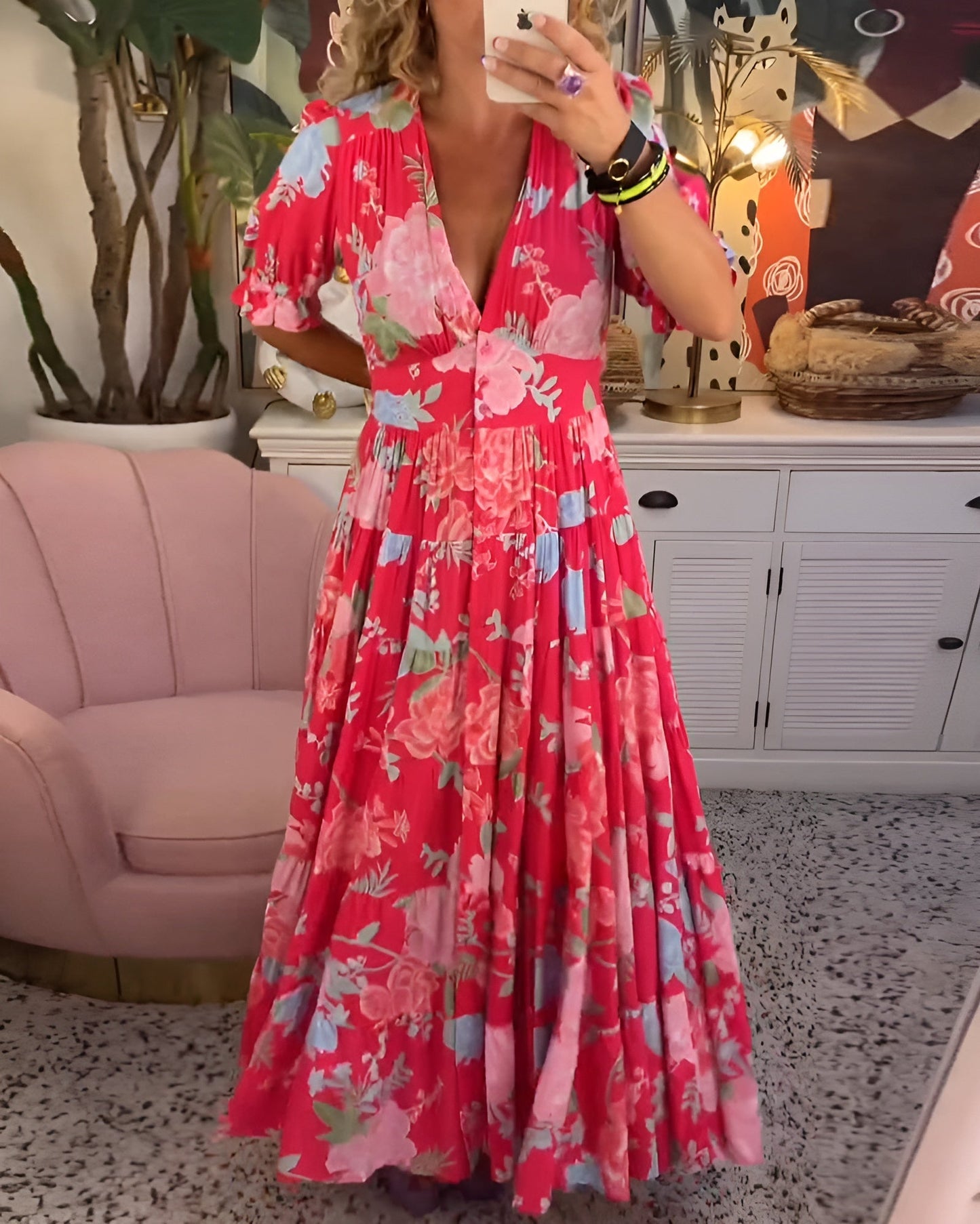 Fiorenza™ | Damer Svingende Maxi Kjole med Blomstermønster og V-Hals | Let Bohemian Sommerkjole med Sommerfugleærmer til Strand og Ferie