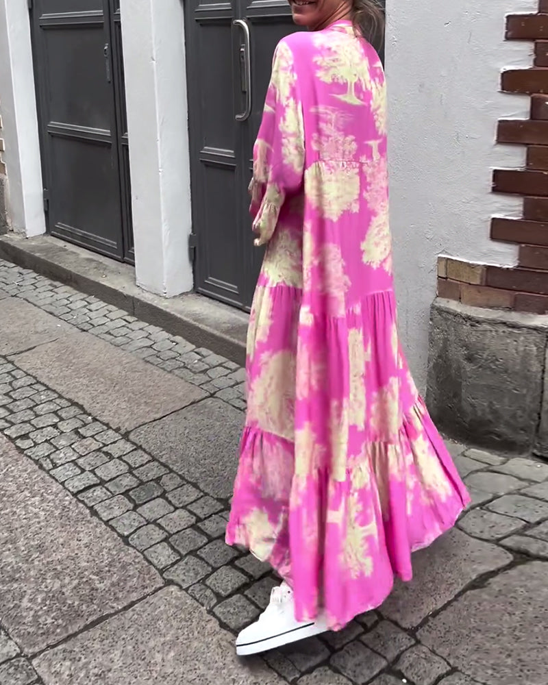 Eliana™ | Lang Kjole med V-hals, Klokkeærmer og Blomsterprint