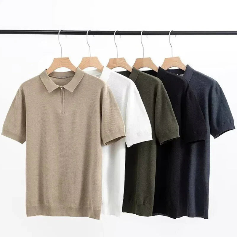 Santino™ | Finstrikket Herre Poloshirt med Halv Lynlås | Smart Casual Polo med Korte Ærmer og Moderne Polokrave
