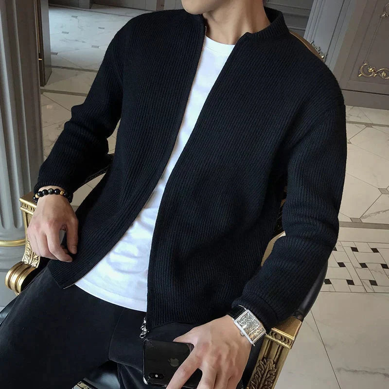 Milo™ | Finstrikket Luksus Herre Cardigan med Two-Way Lynlås og Opstående Krave | Ribstruktur