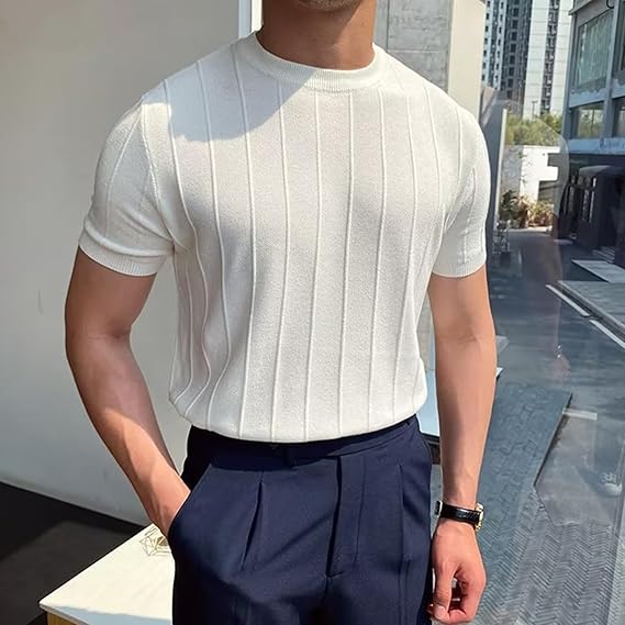 Carlos™ | Herre Strikket T-shirt med Ribstruktur og Korte Ærmer | Luksuriøs Smart Casual Old Money Stil