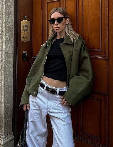 Rey | Damer Oversized Cropped Jakke | Olivengrøn | Ruskindslook | Streetwear & Casual | Forårs- & Efterårsjakke