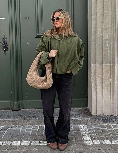 Rey | Damer Oversized Cropped Jakke | Olivengrøn | Ruskindslook | Streetwear & Casual | Forårs- & Efterårsjakke