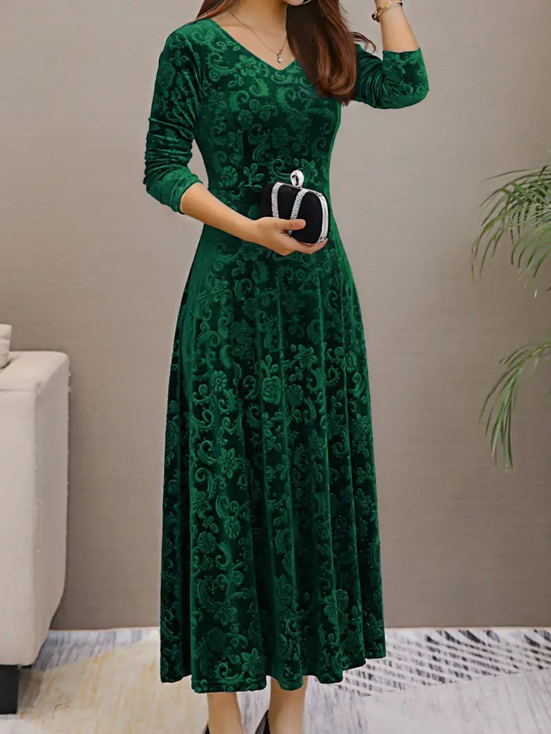 Aureline™ | Damer Fløjls Maxi Kjole med V-Hals | Elegant A-Linje Aftenkjole med Trekvartærmer