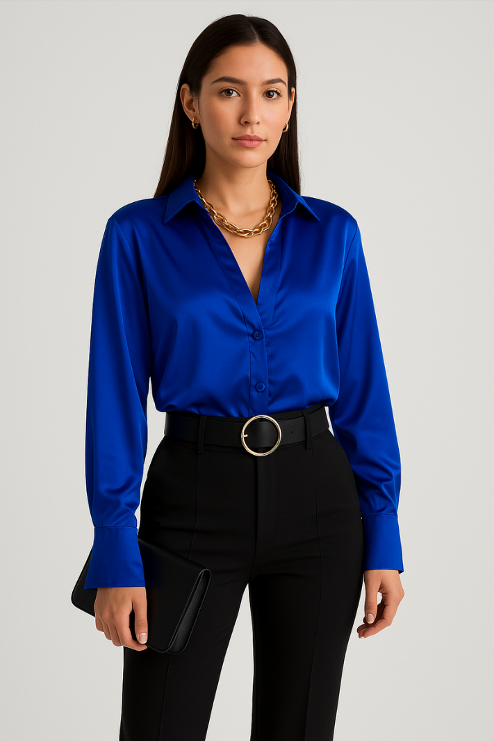 Solena™ | Damer Satin Bluse med V-Hals | Skinnende Elegant Top med Lange Ærmer til Kontor og Fest